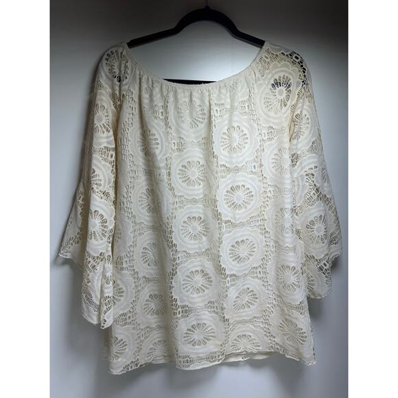 Boho Chic Women’s Blouse Sz Small Crochet White 3/4 Bell Sleeve House of Trends - Picture 8 of 10